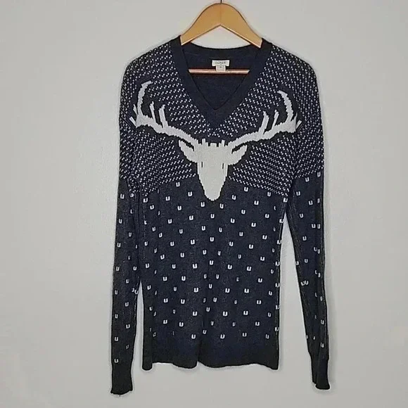 J. Crew Intarsia Reindeer Wool V-neck Sweater size M - Picture 2 of 12